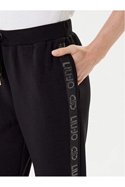 Liu Jo Women's Regular Fit Waist Drawstring Tie Side Logo Stripe Pattern Black Pants Tf5093J4616-22222