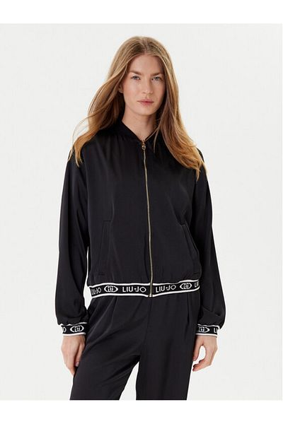 Liu Jo Women's Off-Shoulder Regular Fit Waist Logo Pattern Elsatik Tape Bomber Black Jacket Tf5191T004A-2222