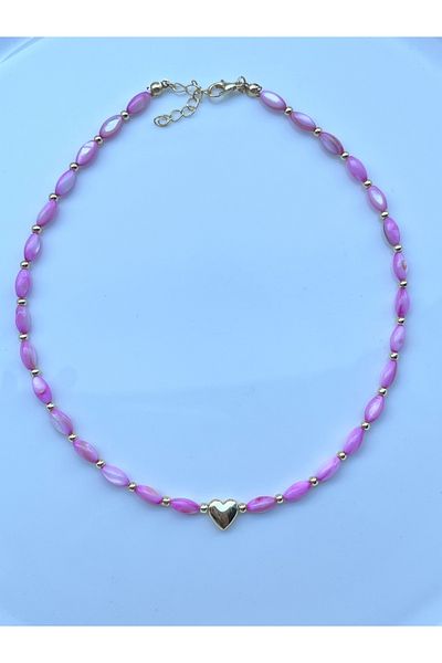 Twinssis Accessories Pink Bead Stone Necklace with Heart Detail
