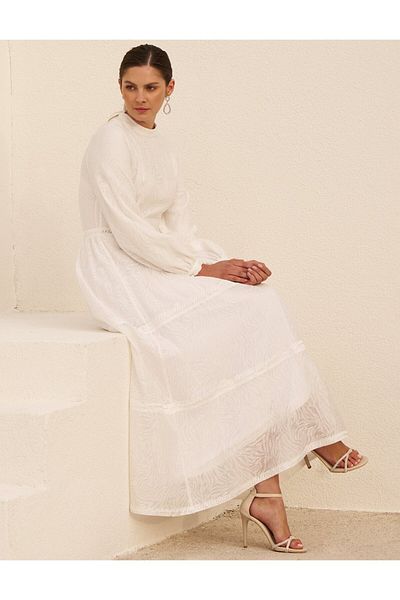 Kayra Pearl Detailed Viscose Dress Optical White
