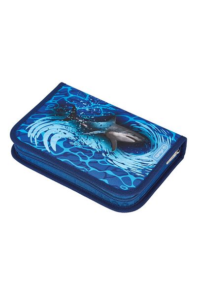 Herlitz Penar echipat, culoare albastră, material textil, 31 de piese, 2 clapete, motiv albastru rechin