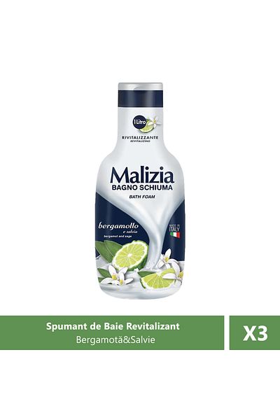 Malizia Spumant de baie cu Bergamot și Salvie, 1000 ml X 3 Bucăți