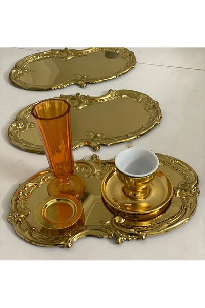 SEVA ÇELİK Steel Gold Color 3 Pieces Embroidered Lace Pattern Artnova Serving Tray Presentation