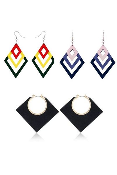 Mercaton Set 3 buc. Cercei din lemn, forme geometrice, modele de romburi, multicolor