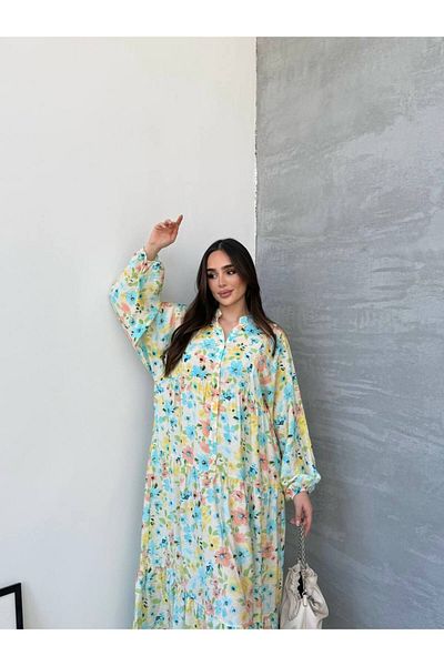 PREMİER VİE Testture Berra Pattern Summer Lilyum Fabric V-Neck Dress