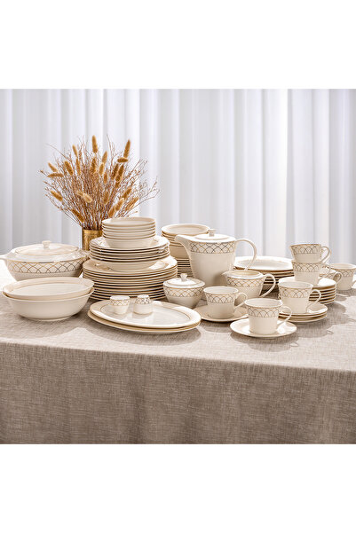 LA MESA طقم عشاء من البورسلين باللون البيج المعدني، 85 قطعة
