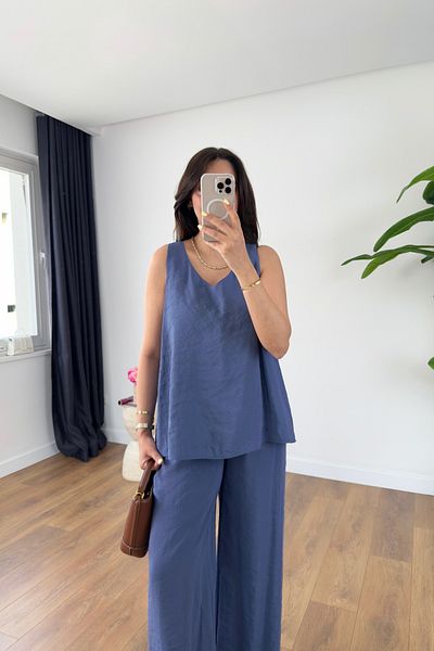 BİRCANÇİL Leyona Indigo V-Neck Blouse Pants Set