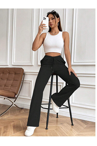 LOSSİA Pantaloni de sport negri pentru femei, de mărime mare, largi, de calit...