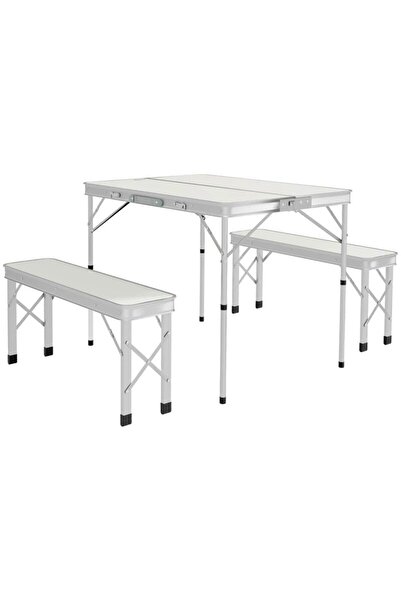JollyMag Set mobilier gradina/camping, pliabil, 1 masa, 2 banci, MDF si aluminiu, alb, 90 cm, Frankfurt