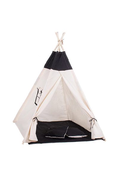 SERSIMO Indian style children's Teepee Tent with window, thick mat and 2 pillows, black and white