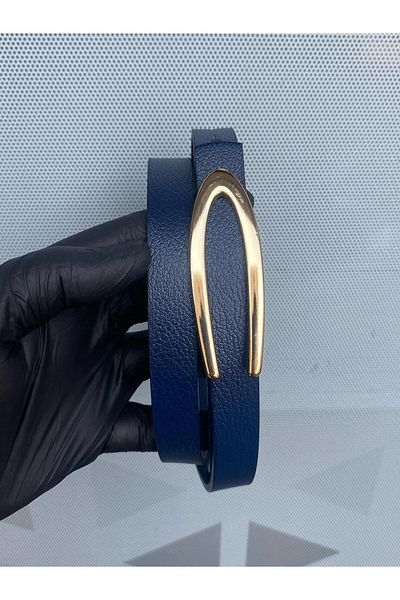 Kemerix 100% Genuine Leather Design Buckle Navy Blue Women's Belt
