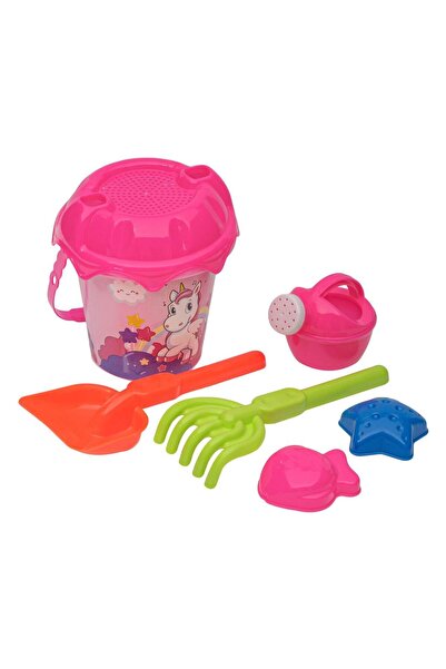 Vervo.ro Set Galetusa Nisip cu Accesorii, Model Unicorn, 6 piese, Roz cu irizatii, 16x13.5cm