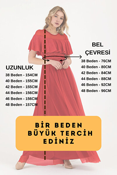 VODENS Kadın Kırmızı Dantelli Volanlı Sim Detaylı Uzun Abiye Mezuniyet Elbisesi