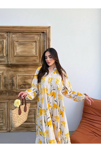 PREMİER VİE Testture Luna Pattern Yellow Color Summer New Season Lily Fabric V-Neck Dress