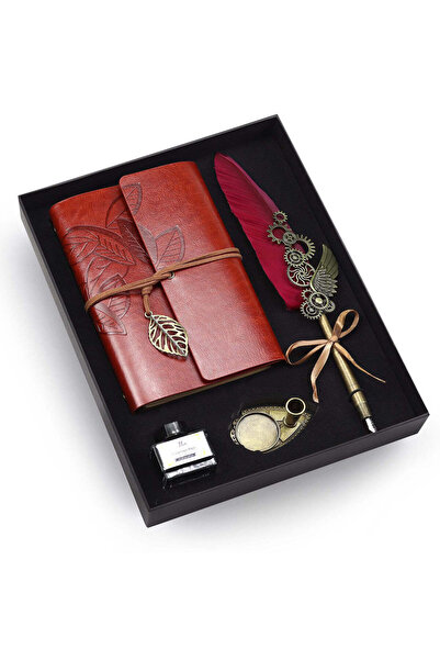 İkon store Tüylü Divit Kalem ve Deri Kapaklı Vintage Anı-Seyahat Defteri Seti