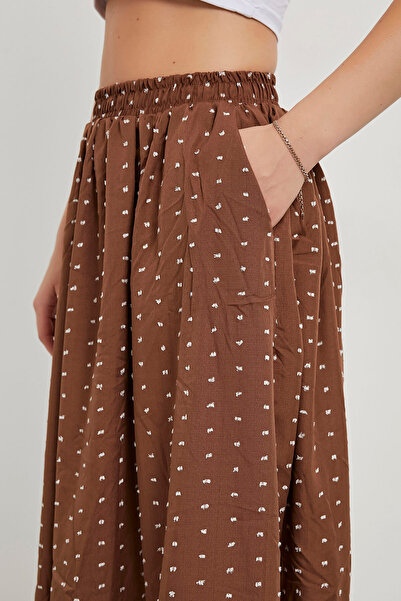 Arma Life Women's Jacquard Elastic Waist Brown Long Flared Skirt