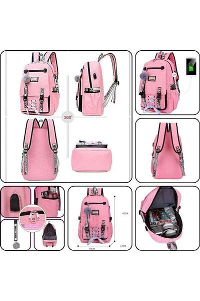 Mercaton Ghiozdan pentru Copii, Impermeabil, Port USB, 30 x 14 x 47 cm, Roz cu Rola Hartie Auto-Adez