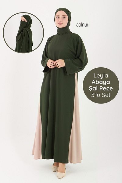ASİLNUR Leyla Abaya (Ferace Dress) 3-Piece Set with Shawl and Veil Gift in Khaki