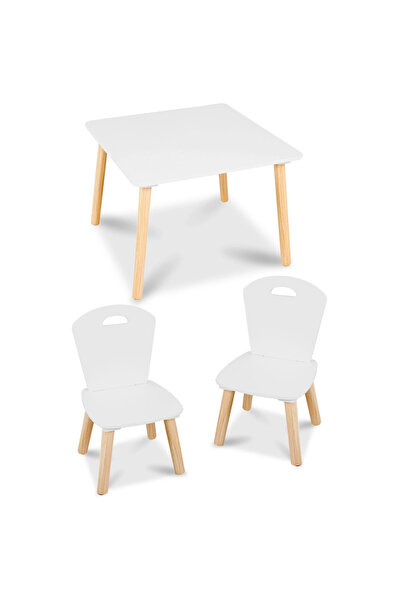 Ricokids Set masuta si 2 scaunele cu spatar din lemn pentru copii Alb,greutate suportata 80kg,Margin