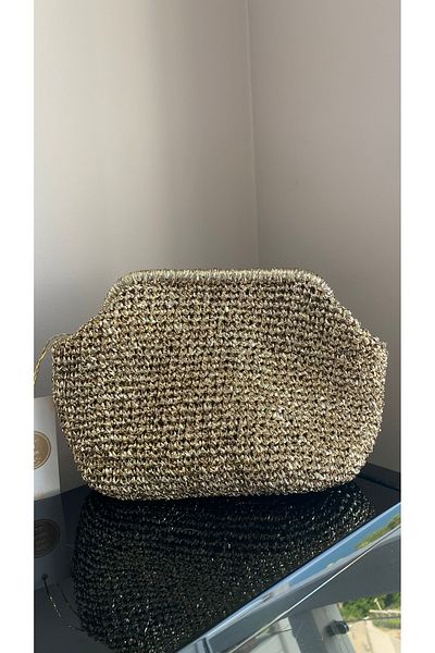 PeriStore Soft Gold Hand Knitted Portfolio Bag Light Gold Color 25X20 cm Lined