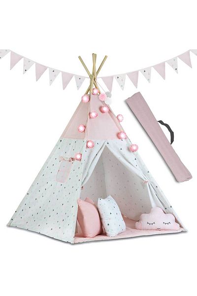 LikeSmart Cort de joaca in stil Montessori, "Likesmart Nori Pufosi" pentru copii, Ghirlanda cu Lumini, 3 Perne