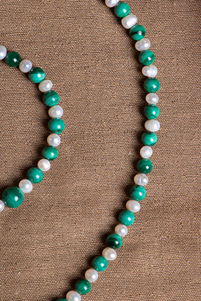OSMANLI DEĞERLİ TAŞ Certified Malahite Pearl Natural Stone Necklace (45 cm) & Bracelet (18cm) Set