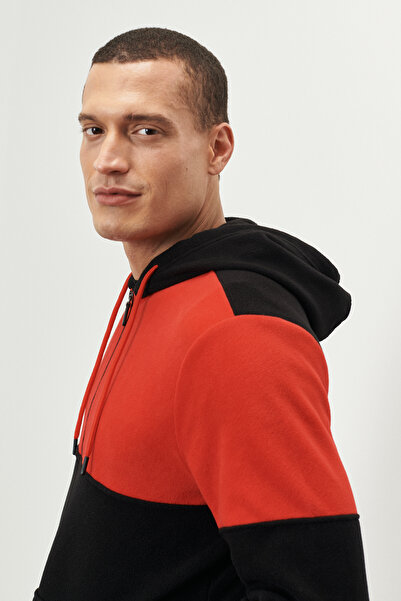 AC&Co / Altınyıldız Classics Erkek Kırmızı-siyah Standart Fit Normal Kesim Içi Polarlı 3 Iplik Kapüşonlu Polar Sweatshirt