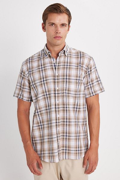 Tudors Men's Regular Fit Classic Cut 100% Cotton Linen Texture Pocket Checked Short Sleeve Buttoned Collar Shirt