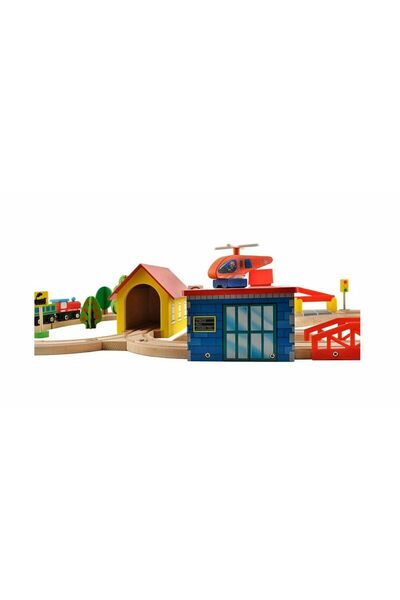 İSP Wooden Train Circuit with 69 Accessories and Heliport, Depot, Fish, "ISP LikeSmart WoodT