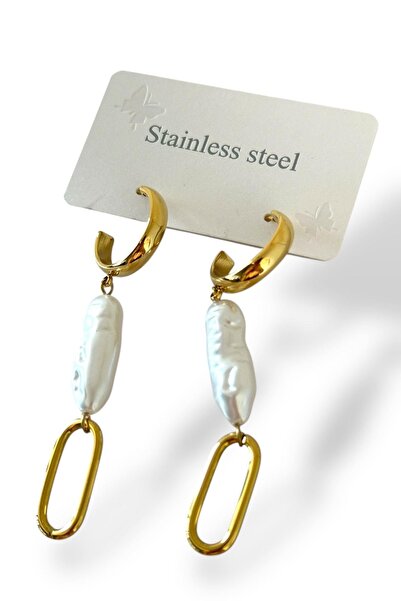 TAKIŞTIR Gold Color Pearl Detailed Steel Earrings (Pair)