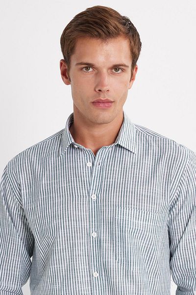 Tudors Men's Regular Fit Classic Cut Long Sleeve 100% Cotton Linen Texture Single Pocket Green Striped Shirt