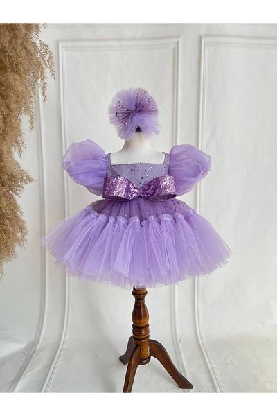 Hobidik Rochie de aniversare Tutu pentru fetiță cu detaliu fundă cu sclipici liliac