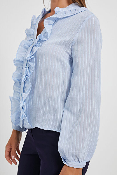 Arma Life Women's See-Through Ruffled V-Neck Summer Blue Blouse