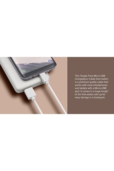 Belkin كابل شحن ومزامنة MicroUSB خالٍ من التشابك - أبيض/فضي