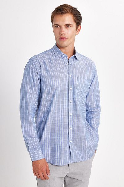 Tudors Men's Regular Fit Classic Cut Long Sleeve 100% Cotton Linen Texture Single Pocket Striped Blue Shirt