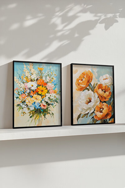 STARYUNA Set de 2 picturi cu efect de pictură în ulei, cu flori portocalii, î...