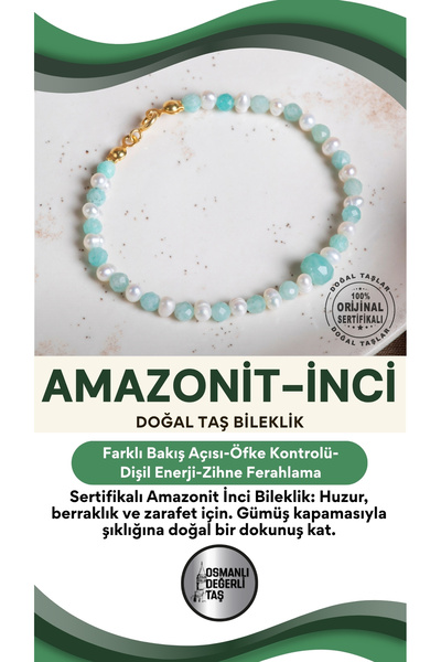 OSMANLI DEĞERLİ TAŞ Certified Amazonite Pearl Natural Stone Silver Closure Br...