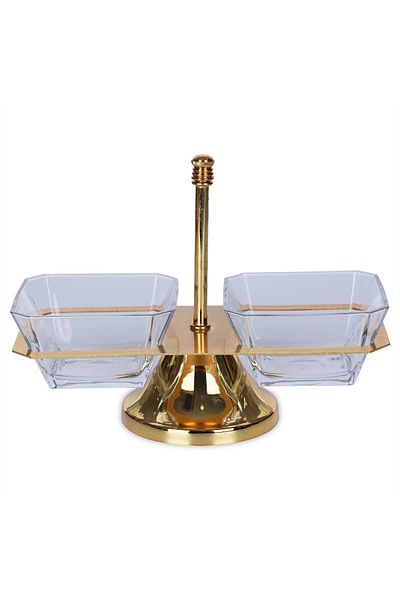 Vadi Riva Metal Body 2-Compartment Pedestal Gold Color Presentation Glass Bowl Snack Bowl Jam Bowl Breakfast Bowl