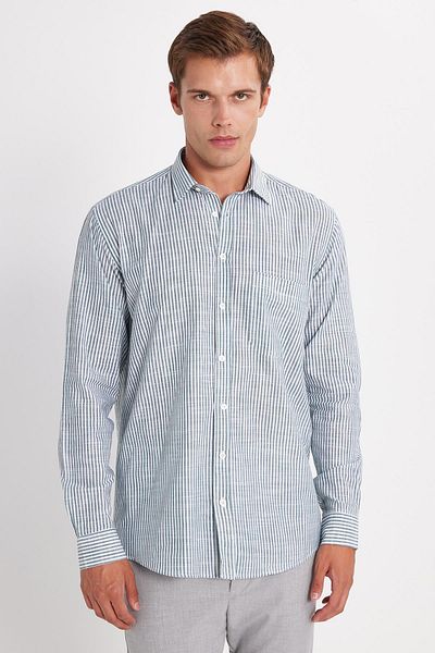 Tudors Men's Regular Fit Classic Cut Long Sleeve 100% Cotton Linen Texture Single Pocket Green Striped Shirt