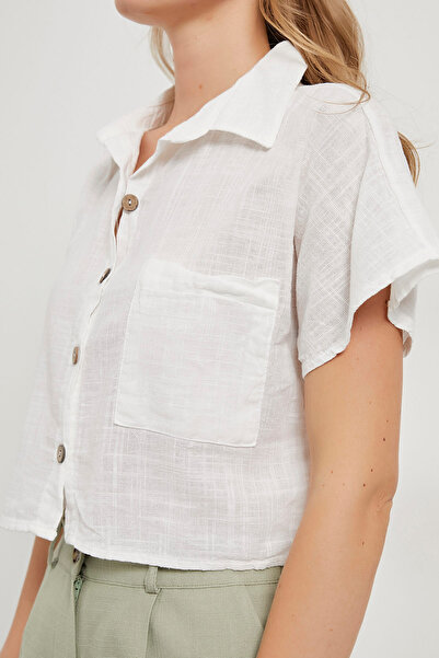 Arma Life Women's Linen Look Short Sleeve Loose White Crop Shirt