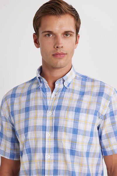 Tudors Men's Regular Fit Classic Cut 100% Cotton Linen Texture Pocket Checked Short Sleeve Buttoned Collar Shirt