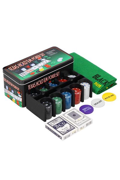 SERSIMO Set de Poker Complex cu 200 de jetoane, covoras verde, 2 seturi de carti, in cutie metalica