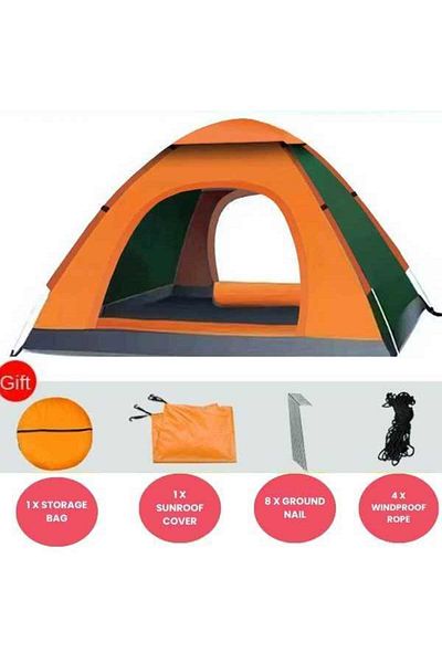 Mercaton Set Mercaton, Automatic Tent for 3-4 People - UV and Waterproof Protection - Orange Tent and Wooden