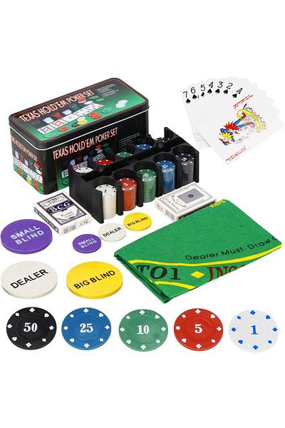 SERSIMO Set de Poker Complex cu 200 de jetoane, covoras verde, 2 seturi de carti, in cutie metalica
