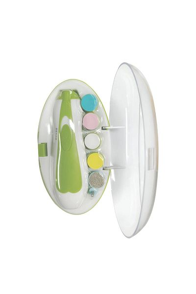 Flo Set de pile de unghii electrice pentru bebeluși și nou-născuți, ABS, 6 accesorii, lumină LED, verde și alb
