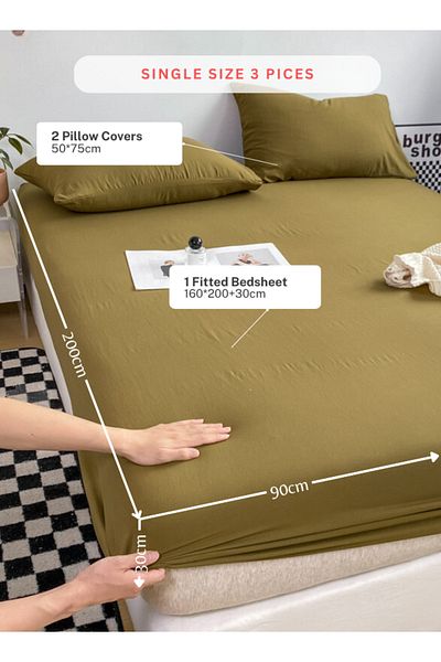 LUNA HOME 3pc Set Includes a single-size fitted bedsheet and two pillowcases,washable cotton in a green color.