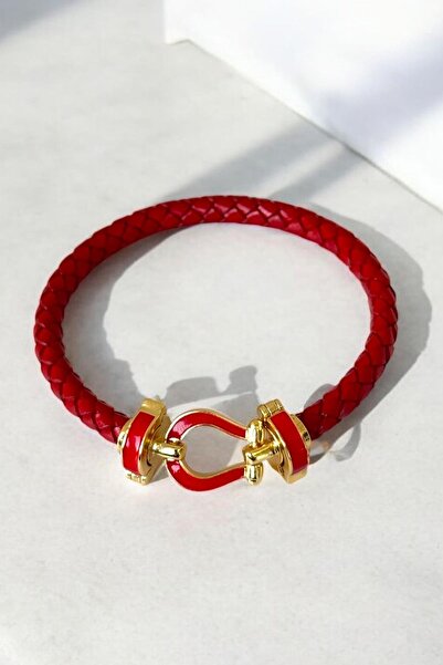 TAKIŞTIR Red Color Leather Handcuff Bracelet