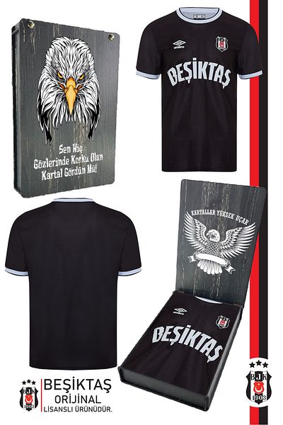 Beşiktaş Original Licensed Nostalgia Black Children's Jersey Bjk Eagle Printed Gift Wooden Box