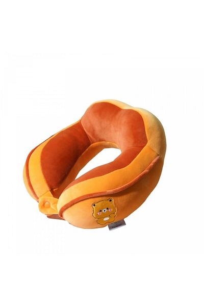 Flo Travel Pillow, Neck and Head Support, Cotton Filling, 28x28x10 cm, Embroidered Bear Design, Orange