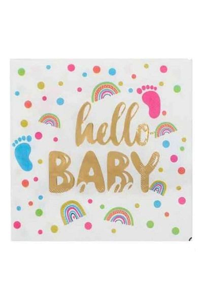 OEM Servetele de Masa pentru Petrecerea Bebelusului Baby Shower Albe cu Folie Aurie Hello Baby 33x33cm -